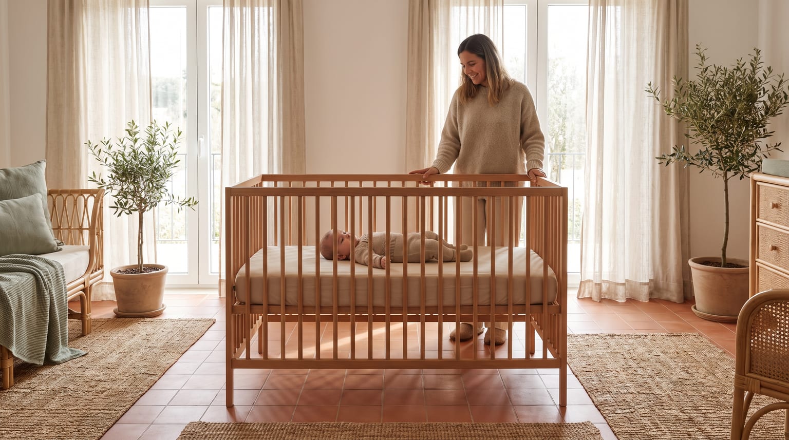 Bebé deitado de costas numa cama de grades de madeira com os quatro lados fechados, colchão plano e desimpedido, com um cuidador ao lado.