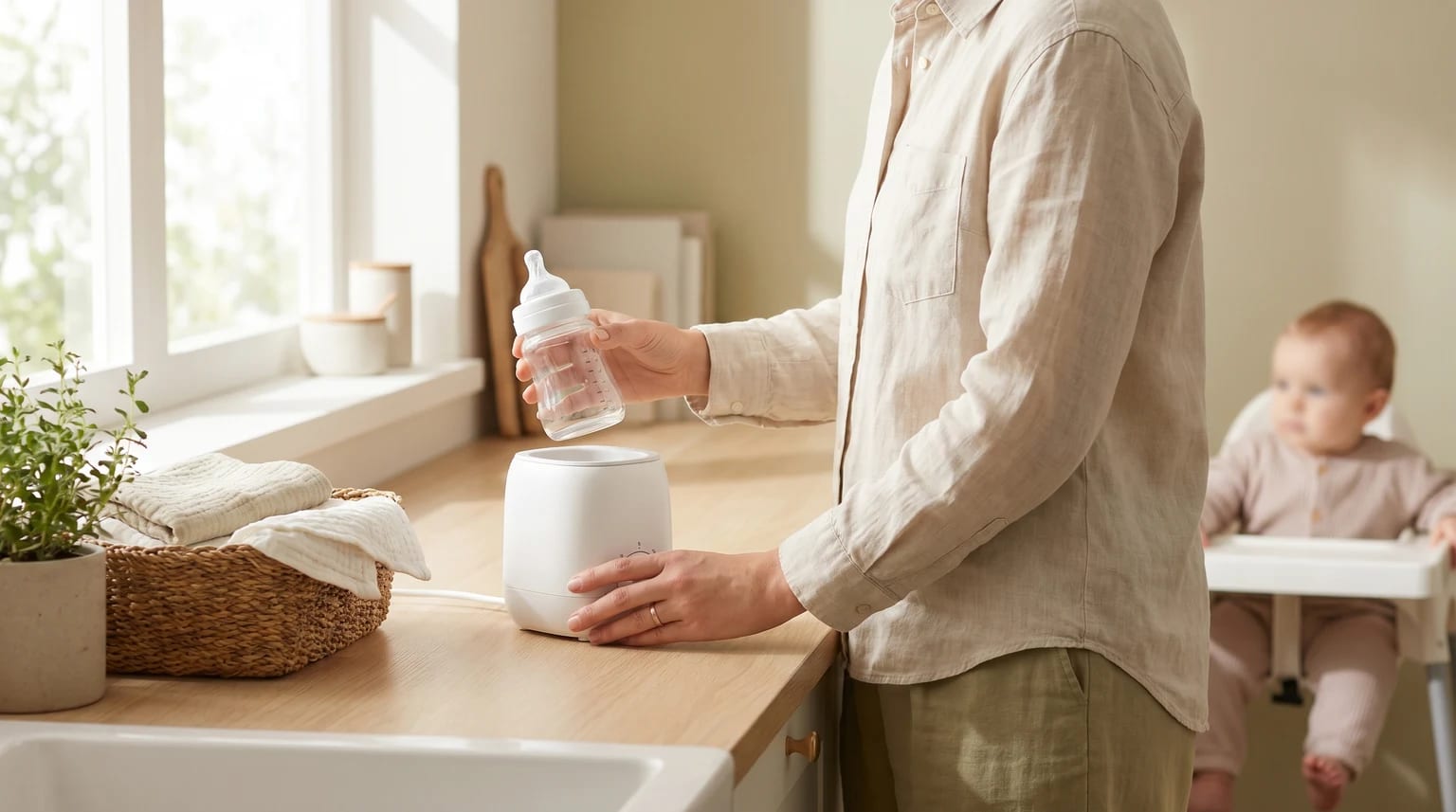 Uma pessoa a colocar um biberão num aquecedor branco sobre uma bancada de cozinha. Ao fundo, um bebé está sentado numa cadeira de refeição.