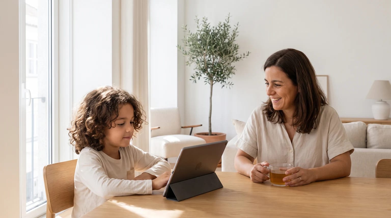 Criança a usar um tablet à mesa com boa distância e um adulto por perto
