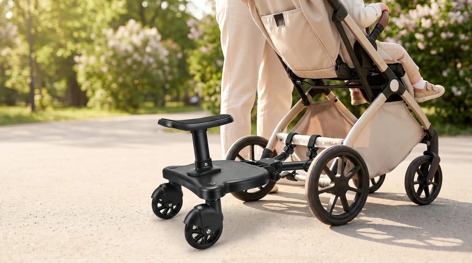 Plataforma Vihir Mini Buggy Board preta com assento, acoplada a um carrinho de bebé claro num caminho de parque luminoso.