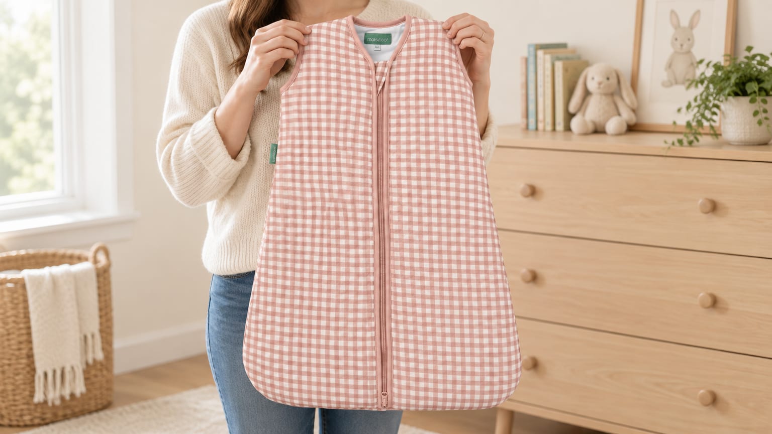 Pessoa a segurar um saco de dormir molis&co vazio, aos quadrados cor-de-rosa e brancos, junto de uma cómoda.