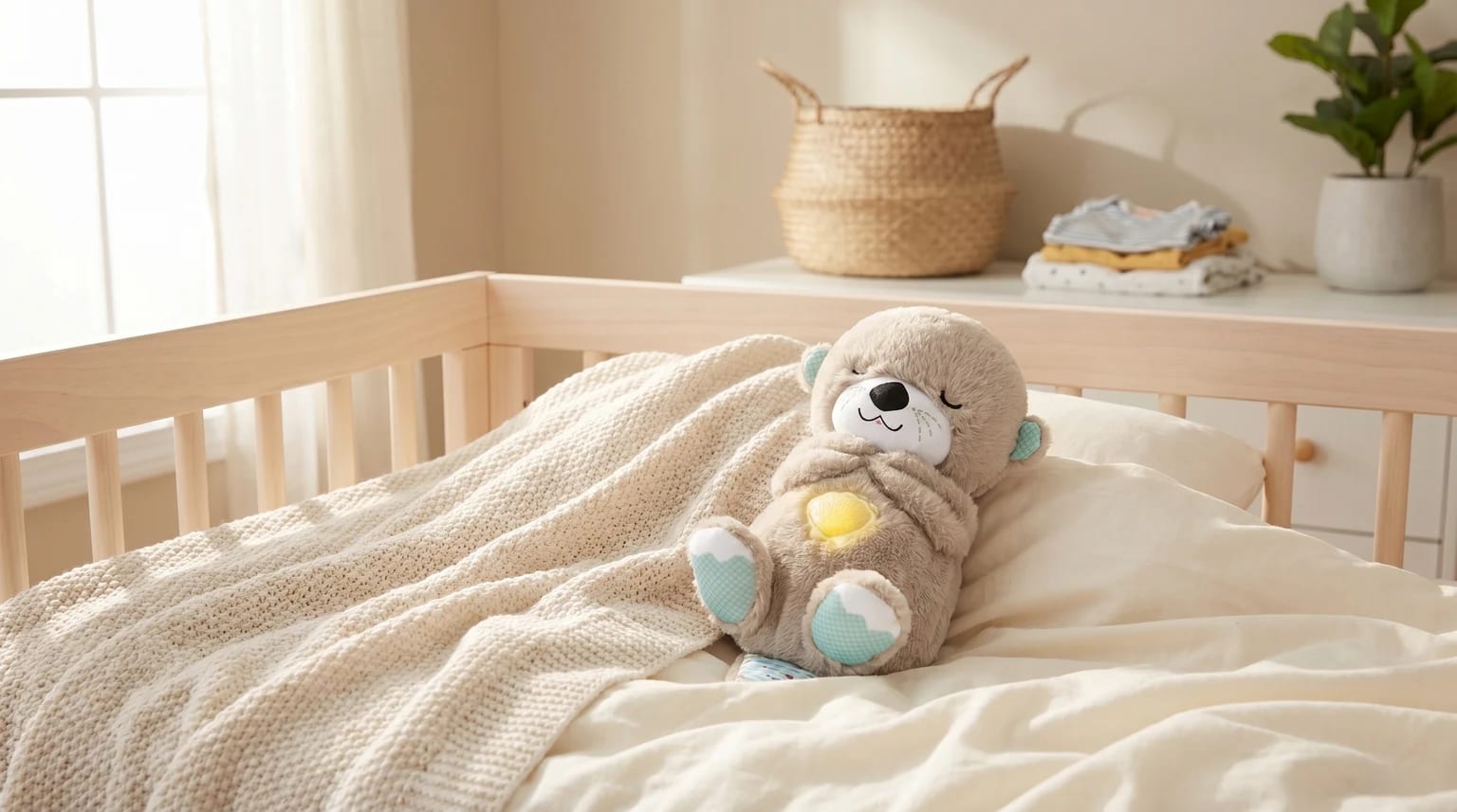 Lontra de peluche Fisher-Price com luz suave, pousada na cama de um berço num quarto de bebé luminoso.