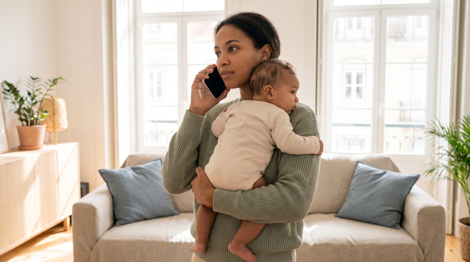 Uma pessoa segura um bebé ao colo enquanto fala ao telefone.