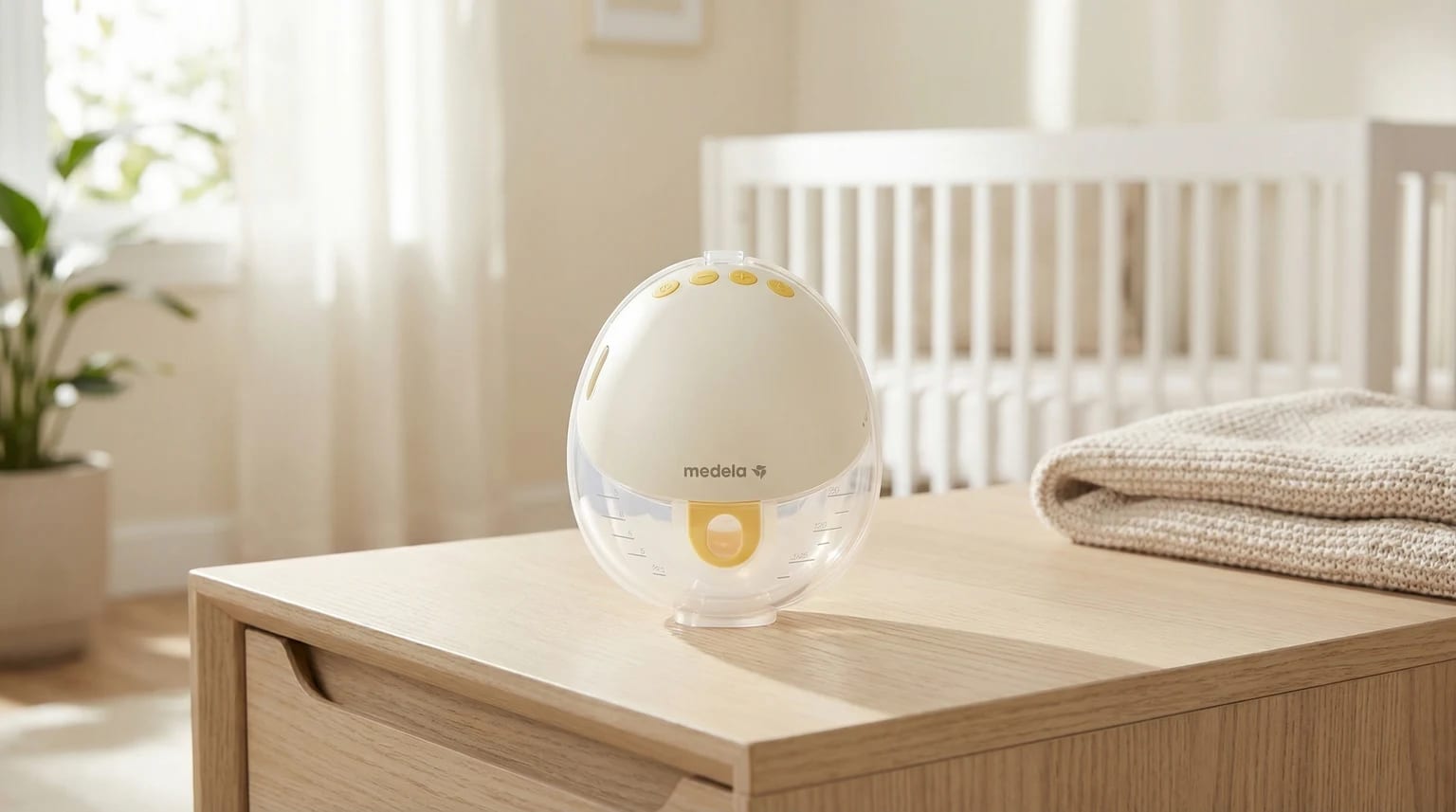 Bomba tira-leite elétrica vestível Medela Motion InBra pousada sobre uma mesa de madeira clara, num quarto de bebé luminoso e tranquilo.