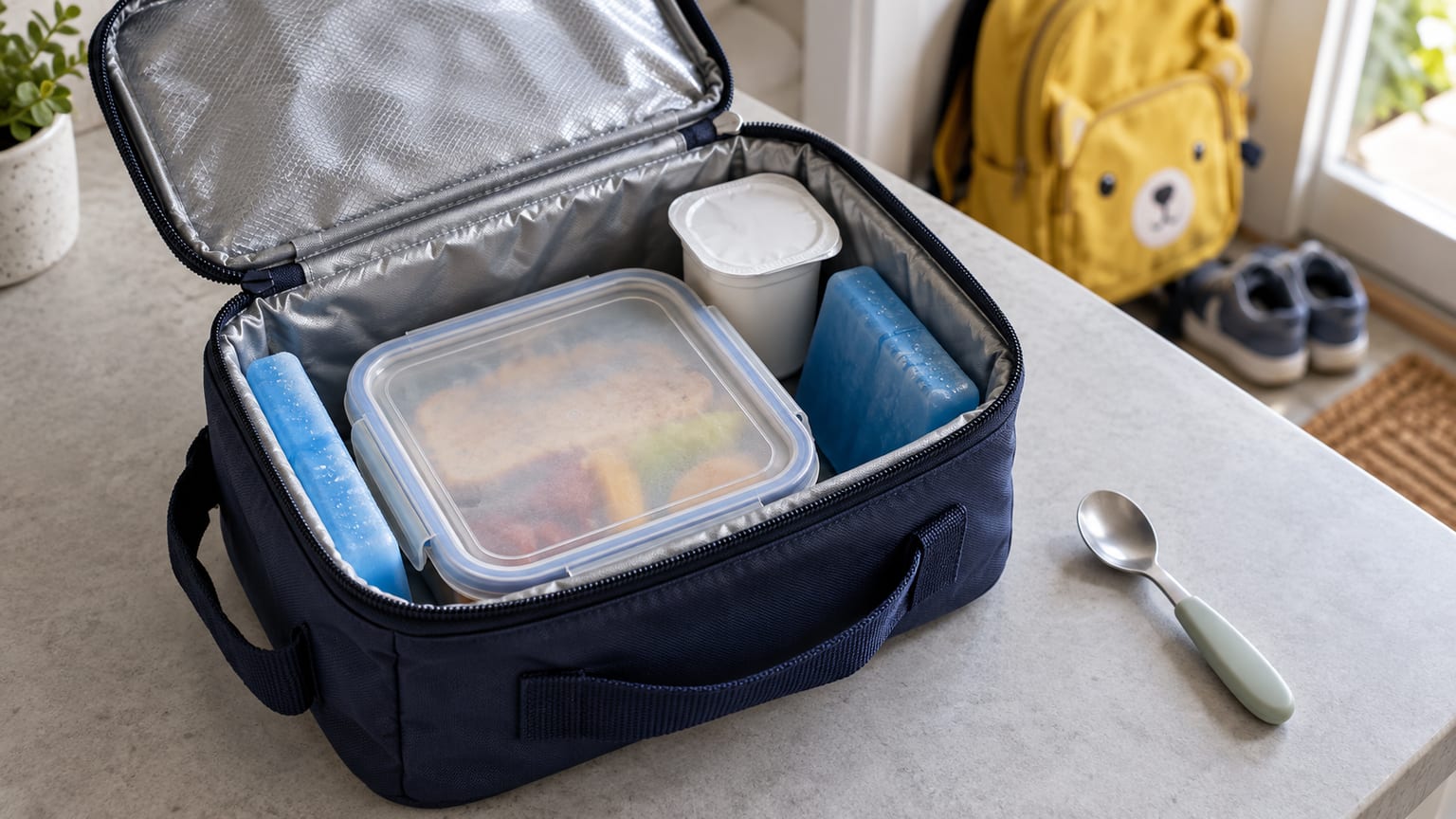 Bolsa térmica aberta com uma caixa de alimentos fechada, um iogurte e acumuladores de frio.