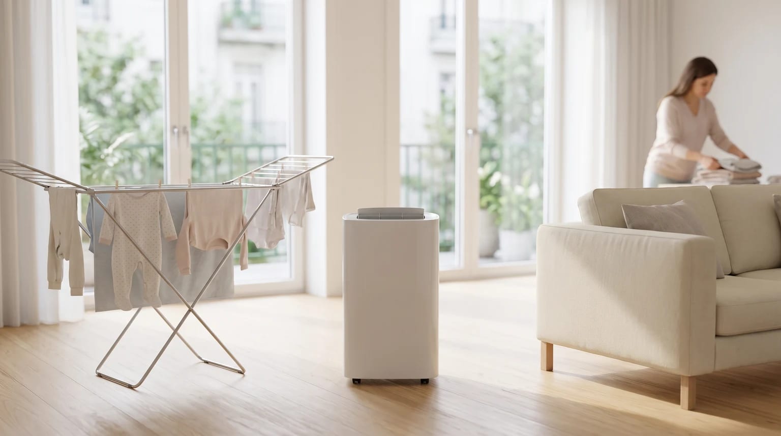 Um desumidificador branco colocado num chão de madeira, ao lado de um estendal com roupa de bebé a secar numa sala luminosa.