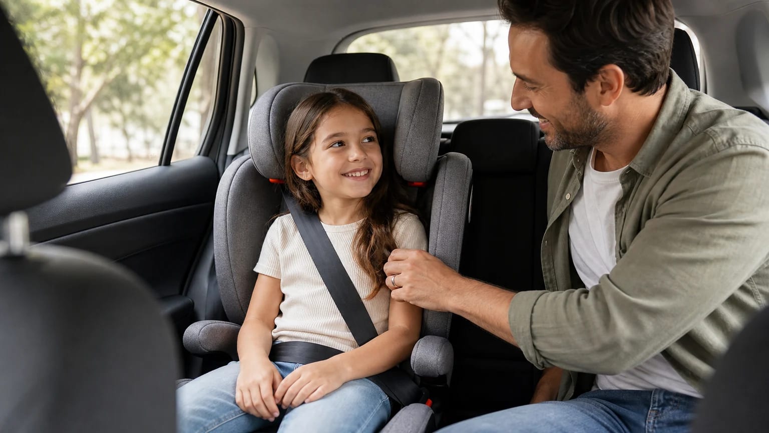 Menina sorridente sentada numa cadeira auto de encosto alto enquanto o pai verifica o cinto de segurança no banco de trás do carro.