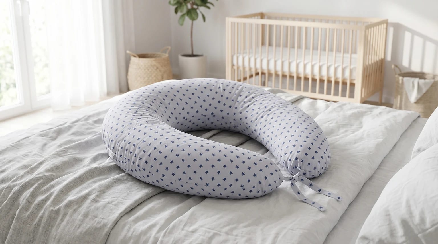 Almofada de gravidez e amamentação com padrão de estrelas azuis, pousada confortavelmente numa cama num quarto de bebé luminoso e minimalista.