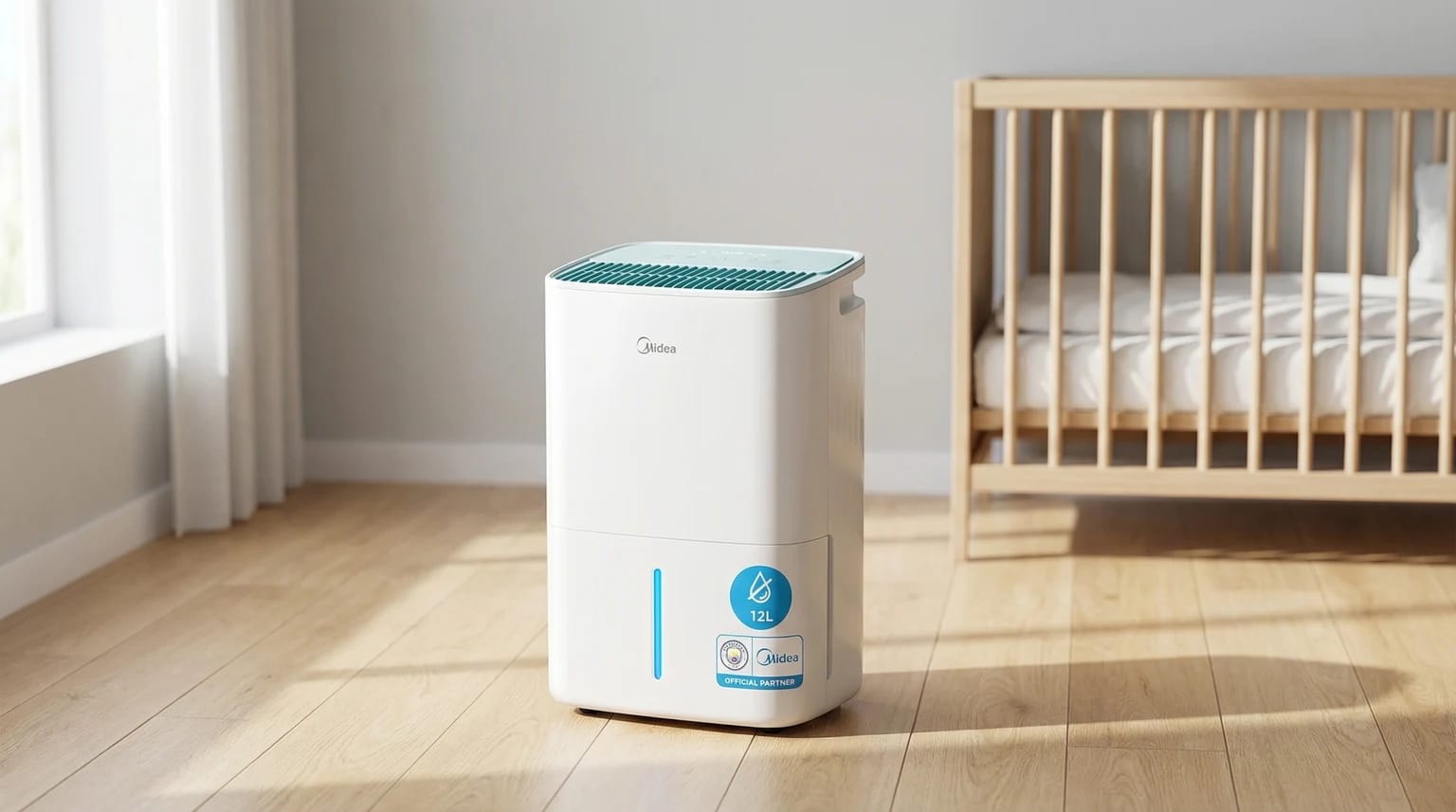 Desumidificador Midea Smart 12L branco, posicionado no chão de madeira clara de um quarto de bebé moderno e luminoso, criando um ambiente saudável.