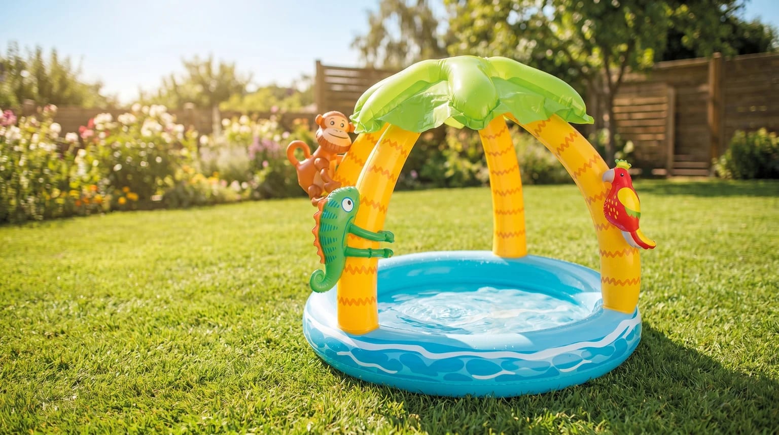 Piscina insuflável para bebé Intex Ilha Tropical, montada num relvado verdejante num dia de sol, com água rasa no interior.