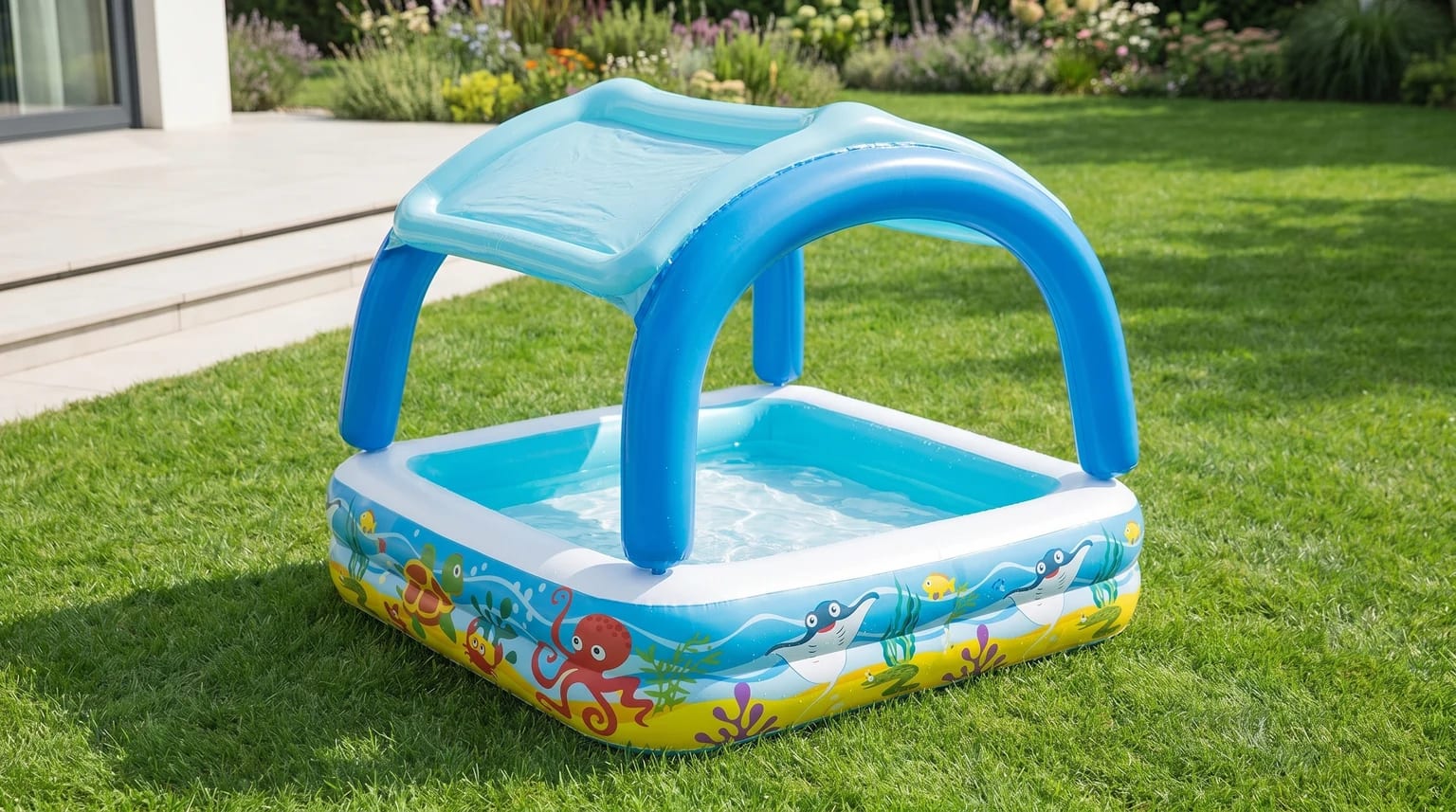 Piscina insuflável quadrada com toldo azul, montada num relvado soalheiro com água rasa no interior.