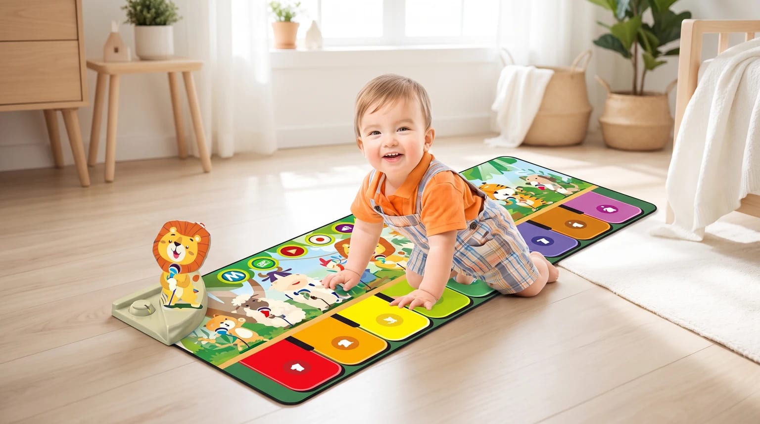 Bebé sorridente a brincar num tapete musical colorido, com teclas de piano e ilustrações de animais, no chão de uma sala.