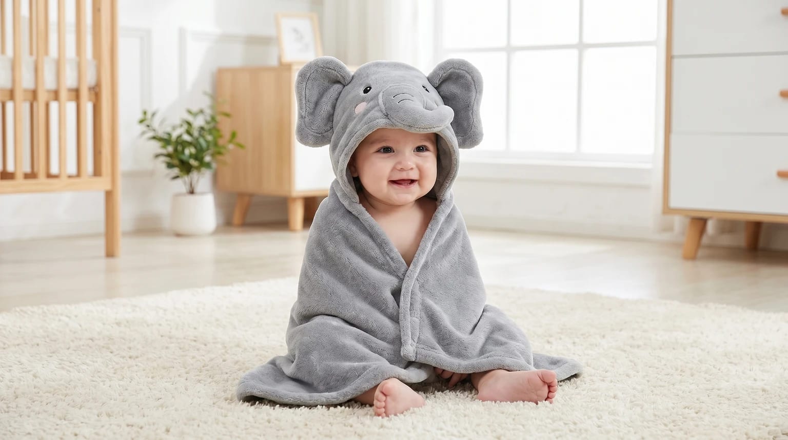 Bebé feliz e confortável envolto numa toalha de banho cinzenta com um capuz de elefante, sentado num quarto de bebé claro e moderno.