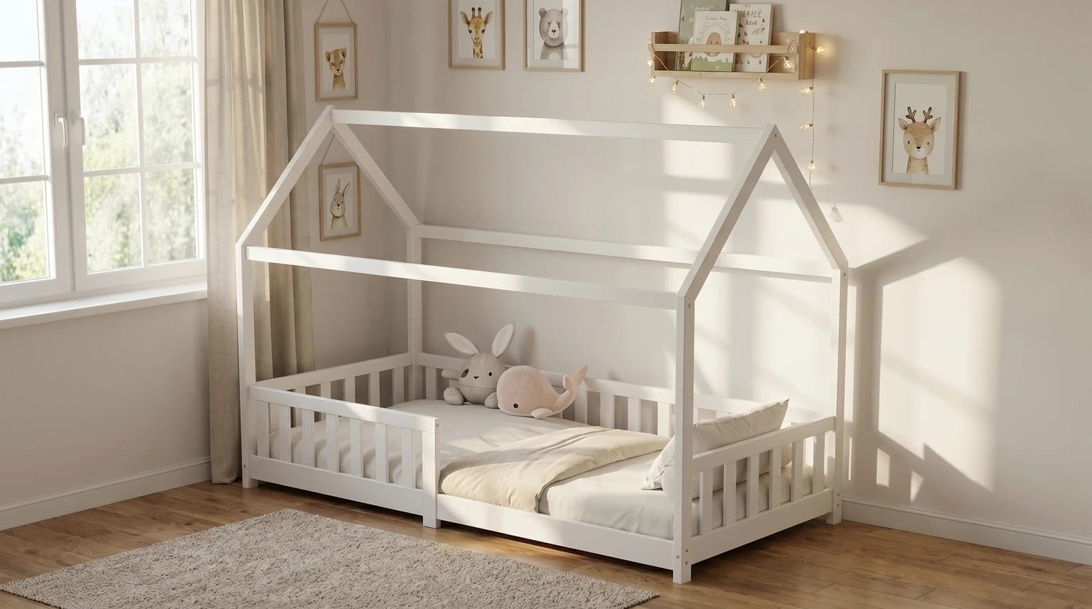 Cama Montessori branca em forma de casa, num quarto de criança luminoso e sereno, com roupa de cama clara e dois peluches sobre a cama.