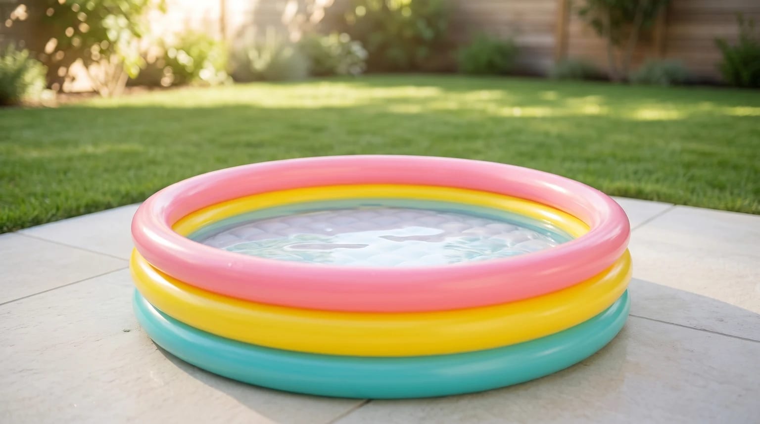 Piscina insuflável de três anéis coloridos num pátio soalheiro, com água rasa no interior.