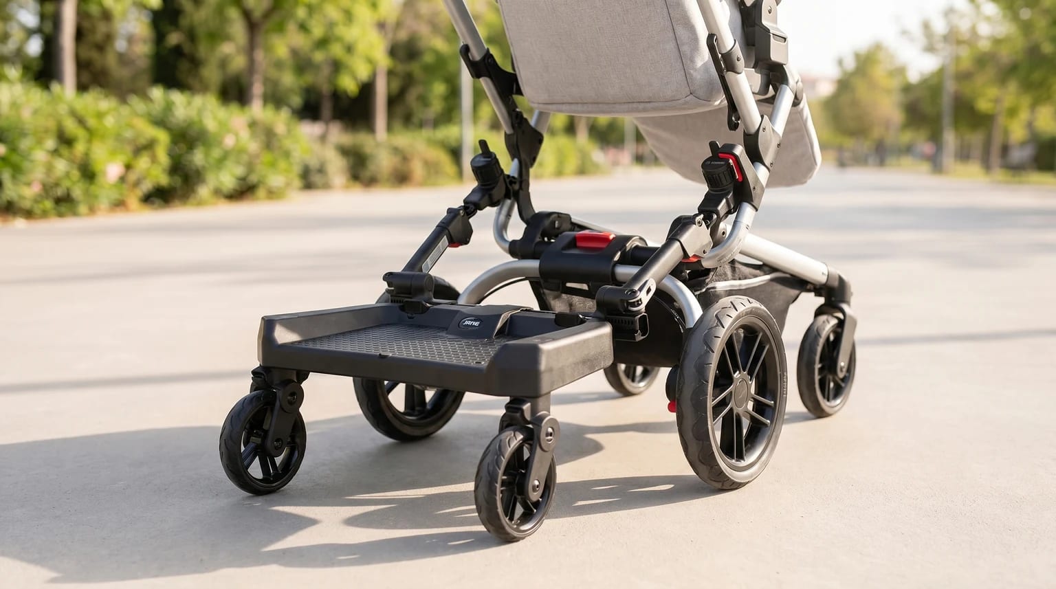 Plataforma Jané Go Up Surfer acoplada a um carrinho de bebé cinzento num caminho de parque soalheiro.