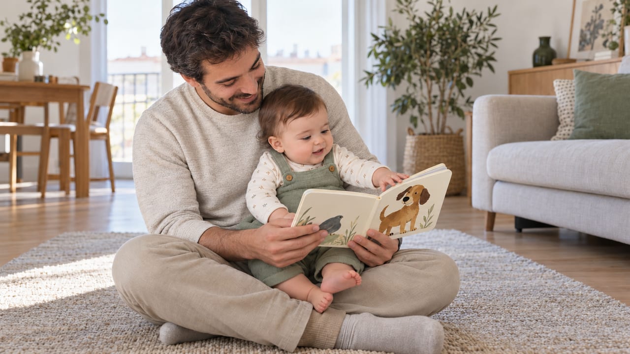 Pai sentado no chão a partilhar um livro ilustrado com o bebé ao colo.