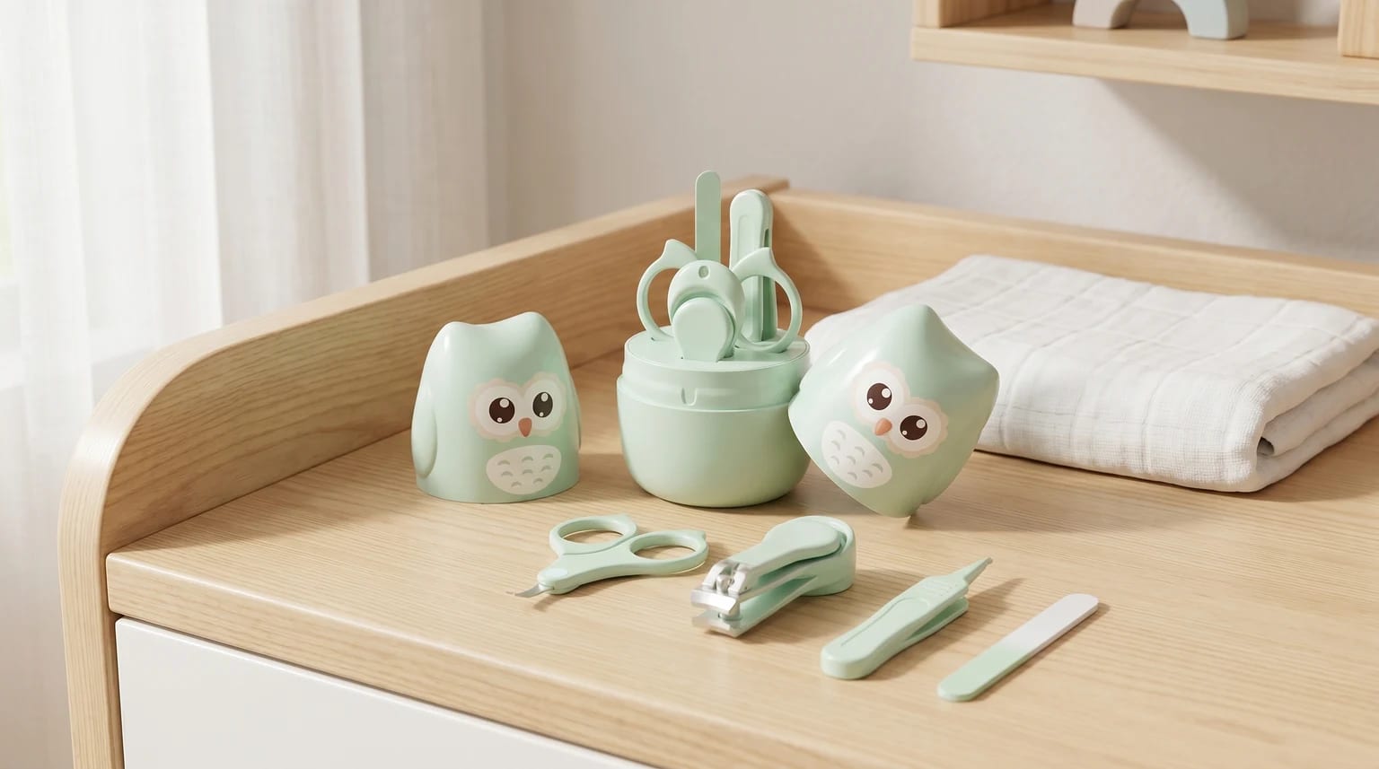 Kit corta-unhas para bebé em verde menta, com estojo em forma de mocho, pousado sobre uma superfície de madeira clara num quarto de bebé luminoso e sereno.