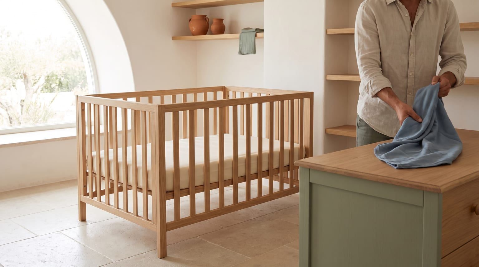 Uma pessoa dobra um swaddle sobre uma cómoda, ao lado de um berço com os quatro lados fechados e apenas um lençol ajustado.