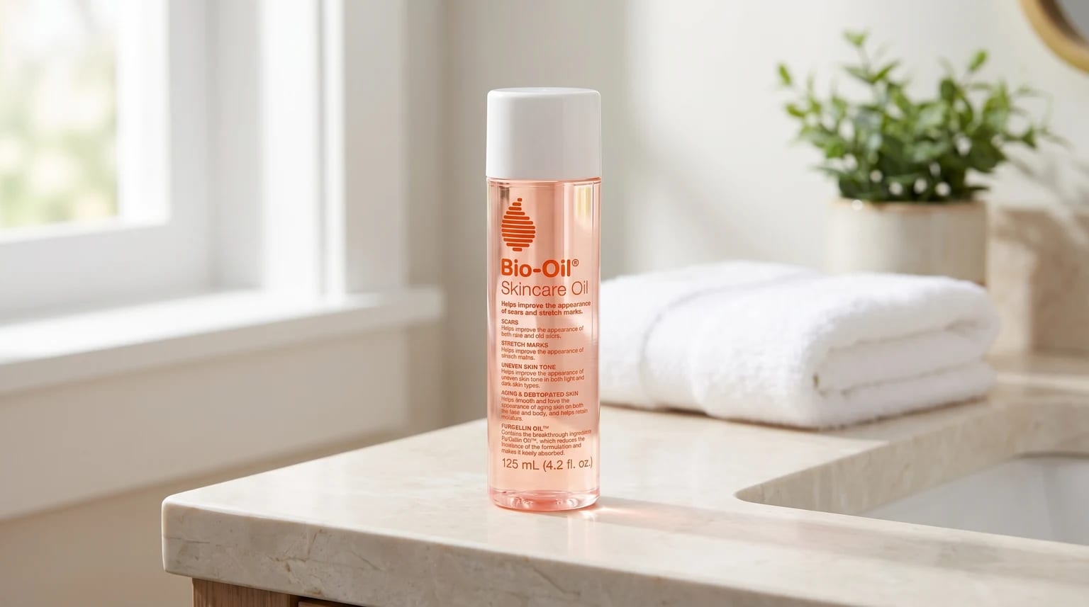 Frasco de Bio-Oil Óleo de Cuidado da Pele numa bancada de casa de banho em mármore claro, com uma toalha branca e uma planta desfocadas ao fundo.