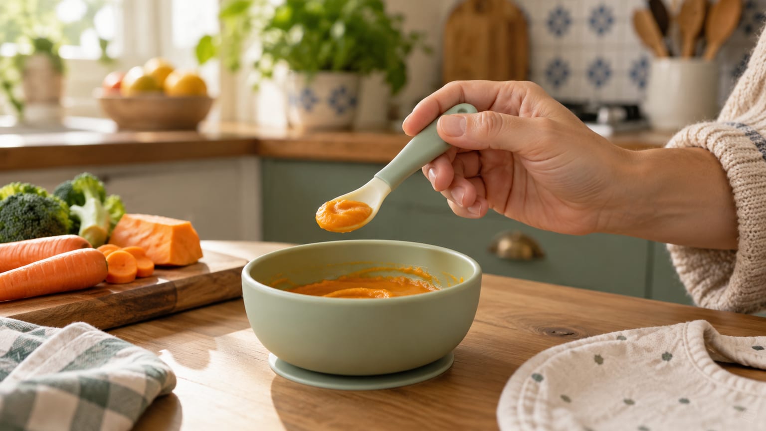 Mão de um adulto segura uma colher com puré sobre uma tigela, numa bancada de cozinha.