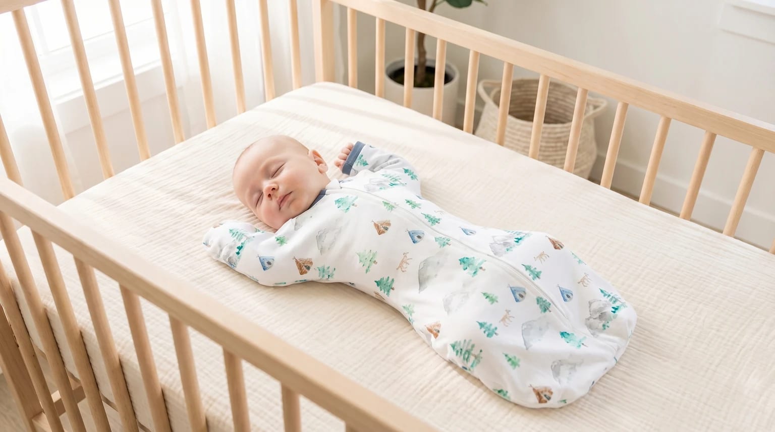 Bebé a dormir pacificamente num berço de madeira clara, vestido com um saco de dormir de transição branco com um padrão de montanhas e floresta.