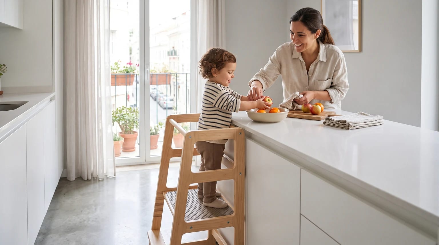 Criança numa torre de aprendizagem Montessori com adulto ao lado numa cozinha moderna