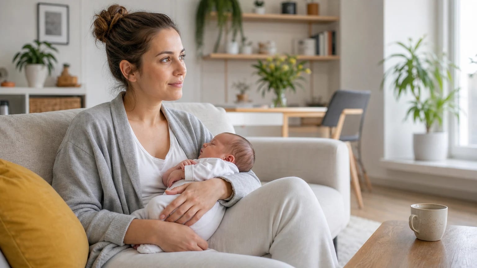 Mãe com bebé ao colo num momento calmo em casa