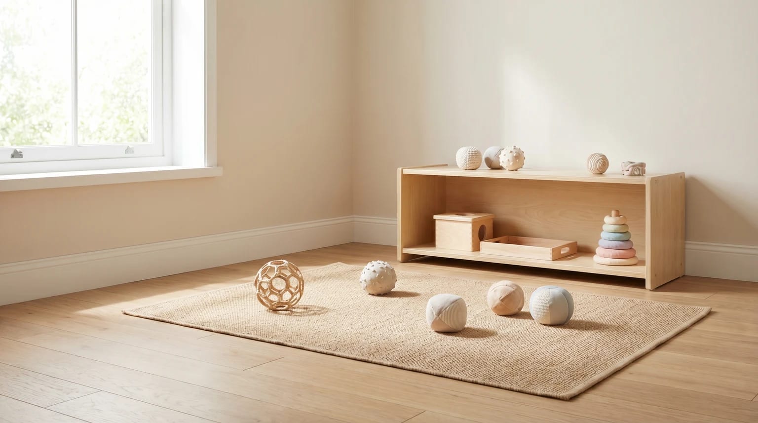 Canto de brincadeira Montessori luminoso com tapete no chão, prateleira baixa e brinquedos simples para bebé organizados num quarto calmo.