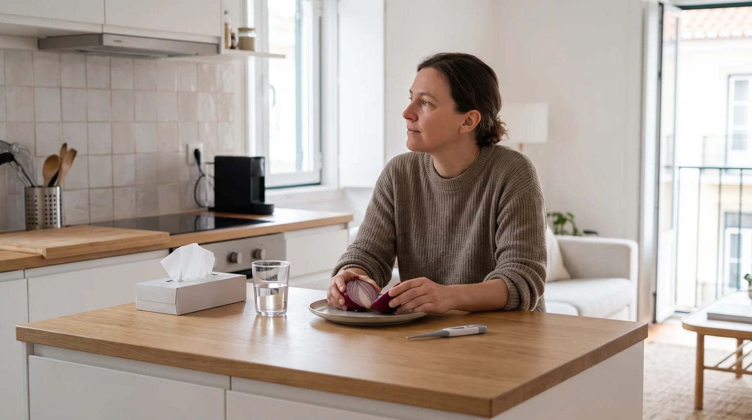 Adulto numa cozinha com uma cebola cortada e objetos simples de cuidado, sem usar a cebola como tratamento.