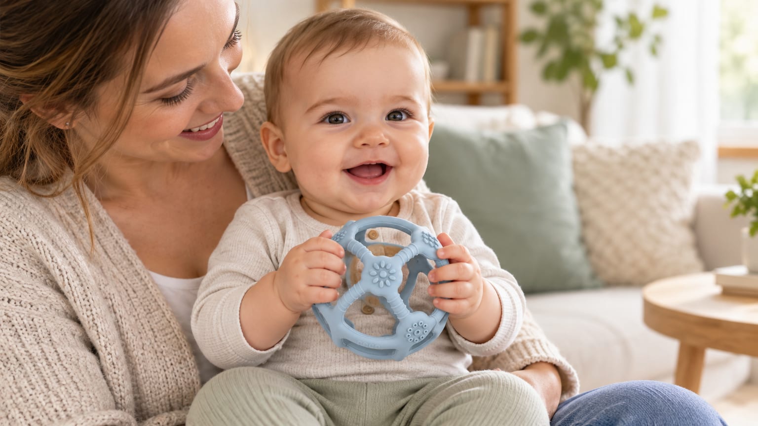 Bebé ao colo da mãe a segurar uma bola mordedora reer azul-clara com aberturas e texturas.