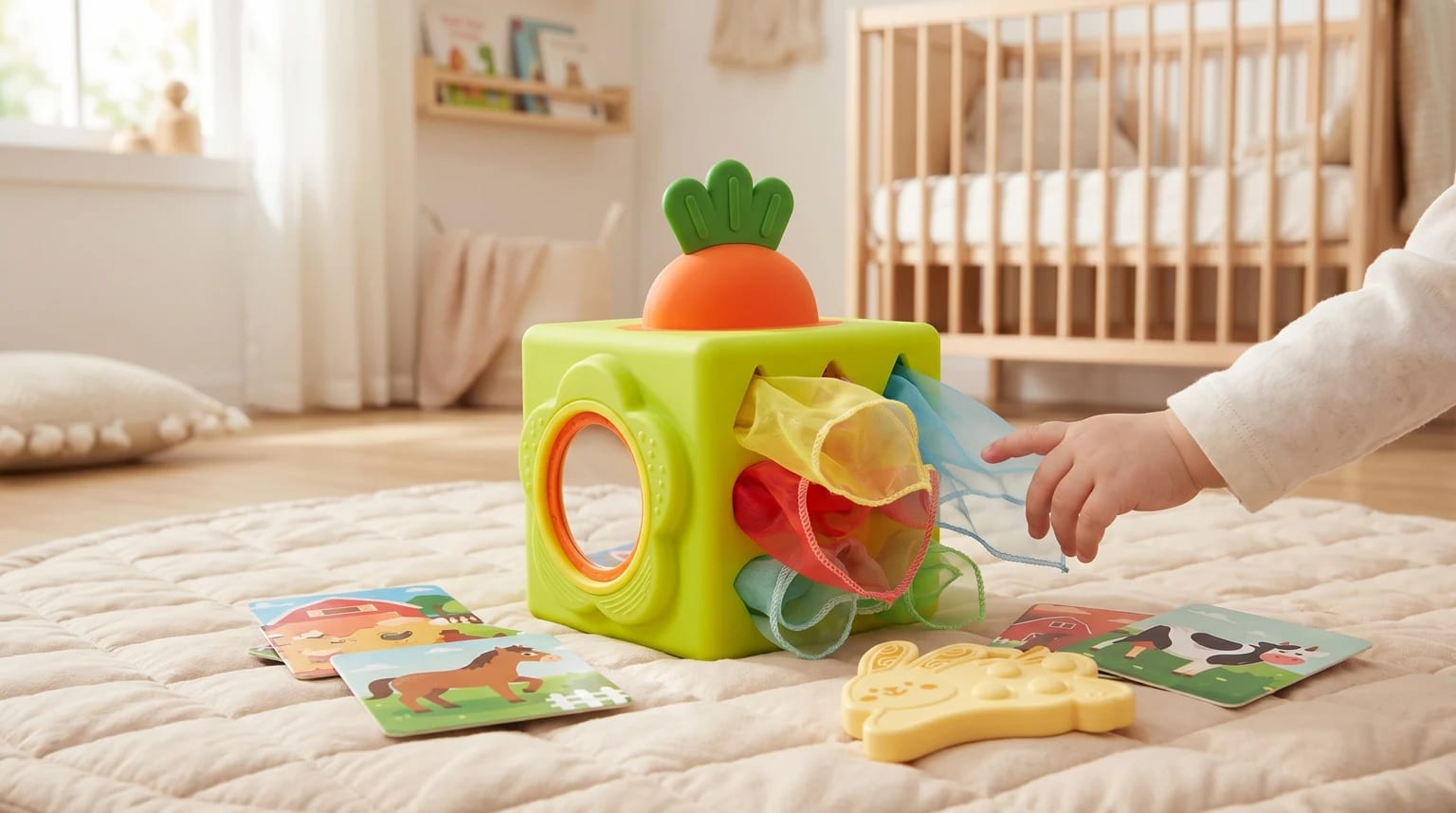 Cubo sensorial verde-lima para bebé sobre um tapete acolchoado claro, com lenços coloridos a sair do lado e a mão de um bebé a puxar um deles.