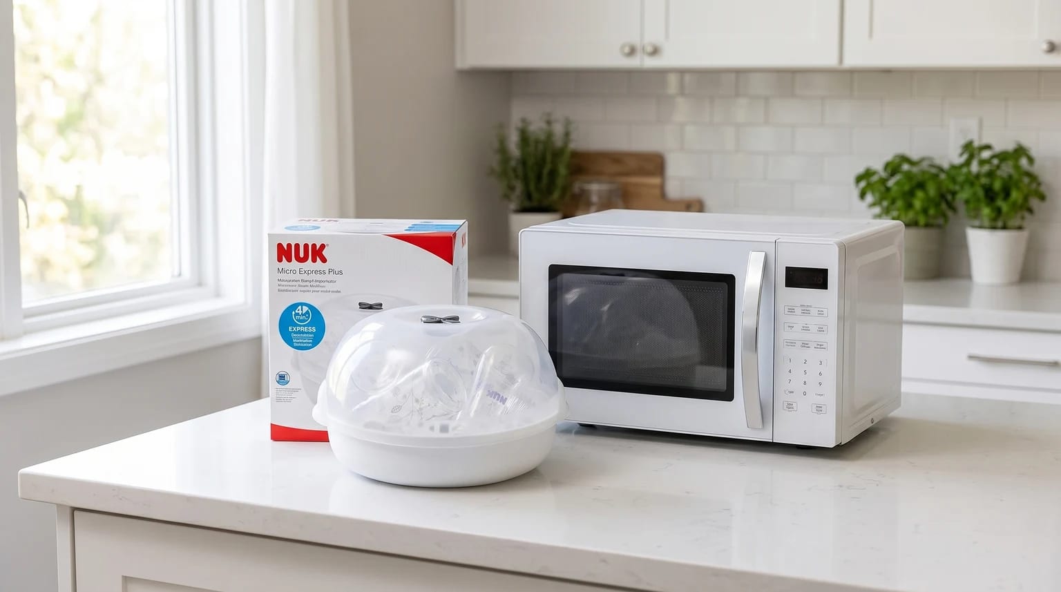 O esterilizador para micro-ondas NUK Micro Express Plus, cheio de biberões, pousado numa bancada de cozinha moderna e luminosa.