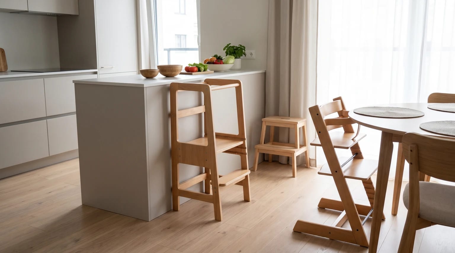 Torre de aprendizagem, cadeira de papa e degrau numa cozinha moderna