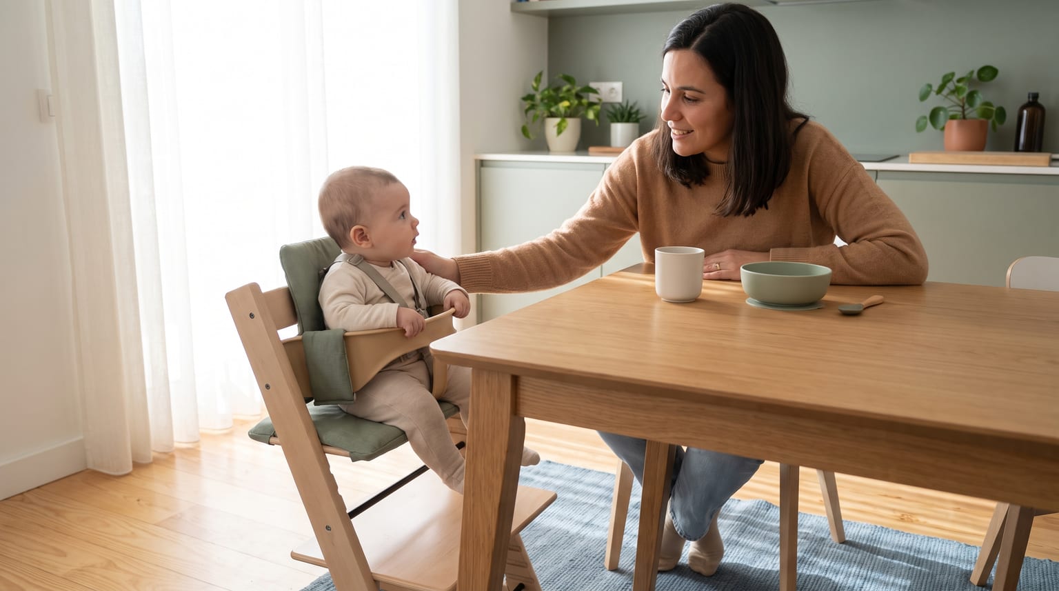 Uma mulher acompanha um bebé numa cadeira de refeição, com um copo simples e uma tigela sobre a mesa.