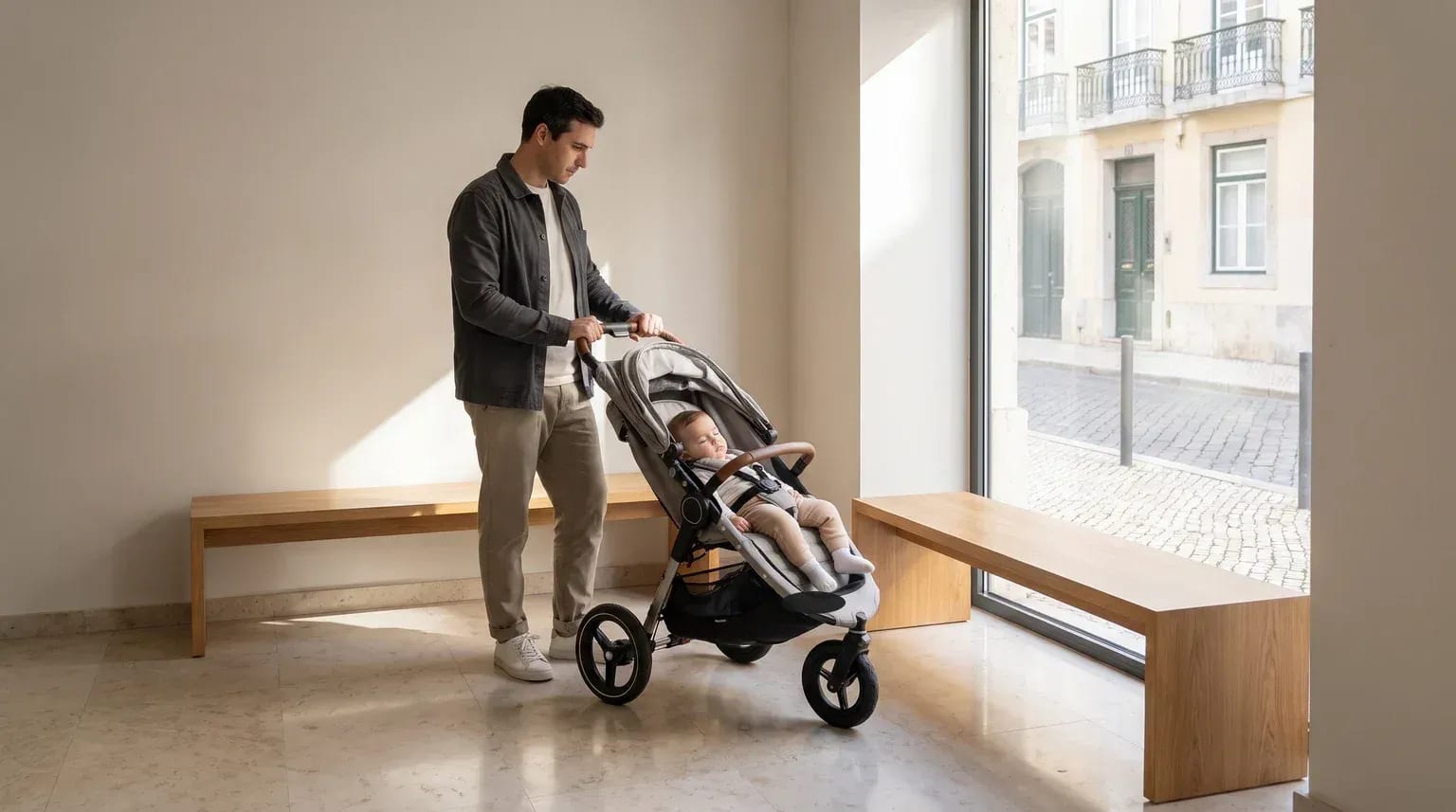 Pessoa com um carrinho de bebé num espaço urbano moderno e luminoso