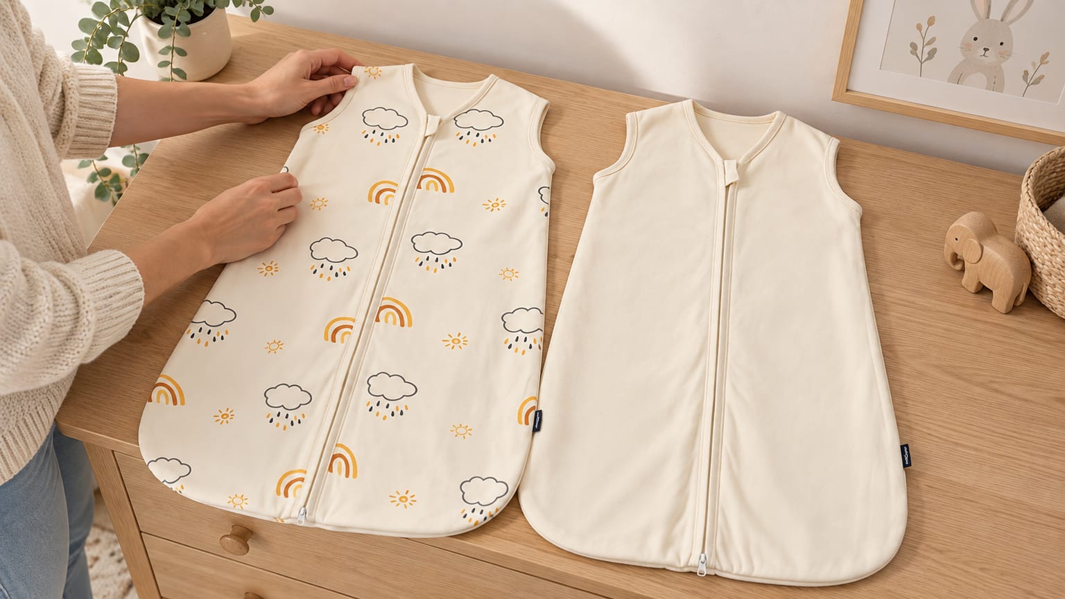 Dois sacos de dormir PewinGo vazios sobre uma cómoda, um liso e outro com arco-íris e nuvens, a serem preparados por uma pessoa.