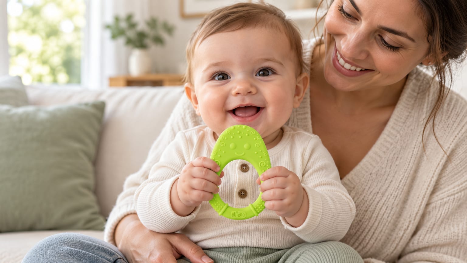 Bebé ao colo da mãe a segurar um anel de dentição Chicco verde em forma de abacate.