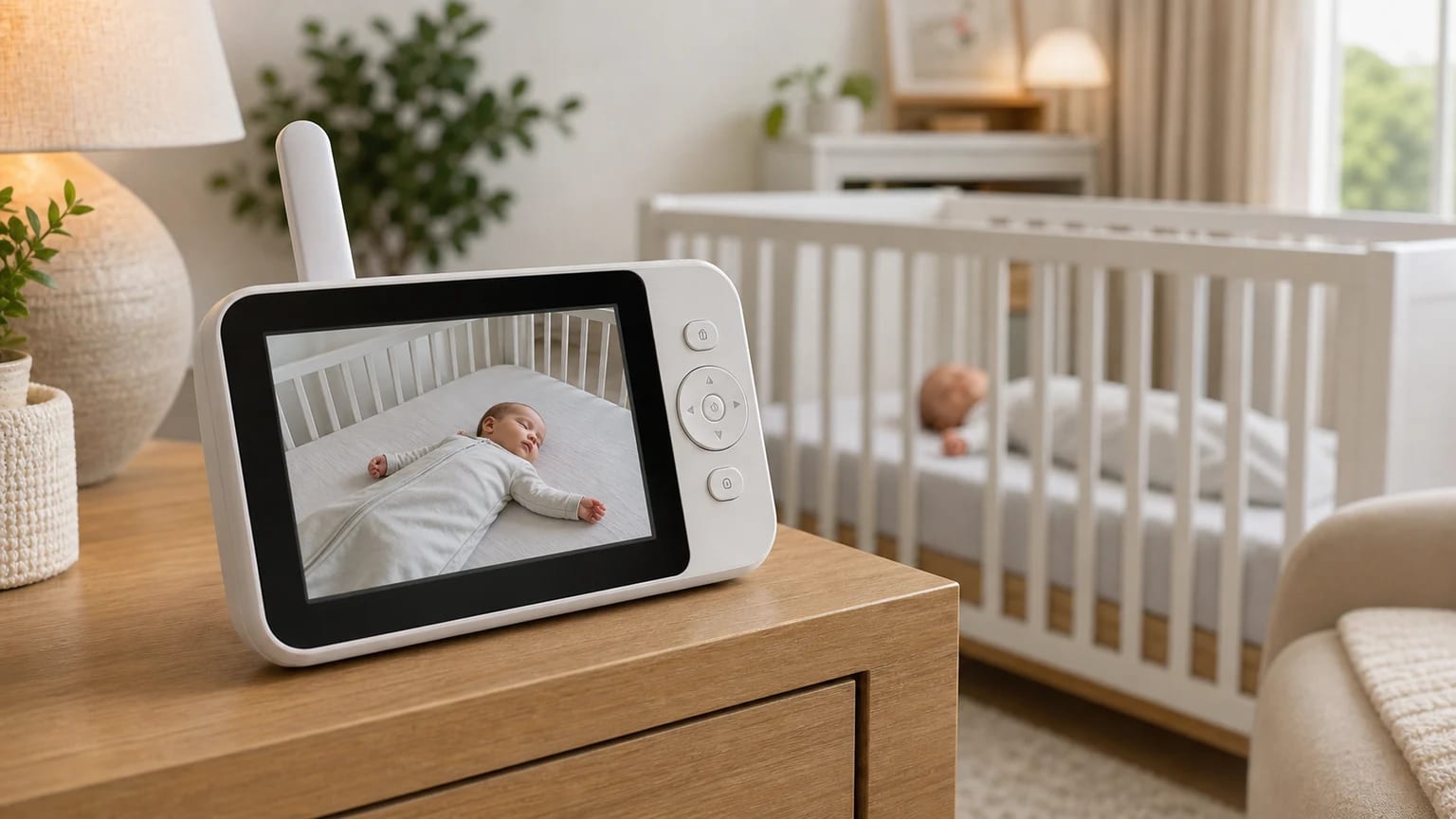 Intercomunicador para bebé com câmara a mostrar um bebé a dormir no berço.