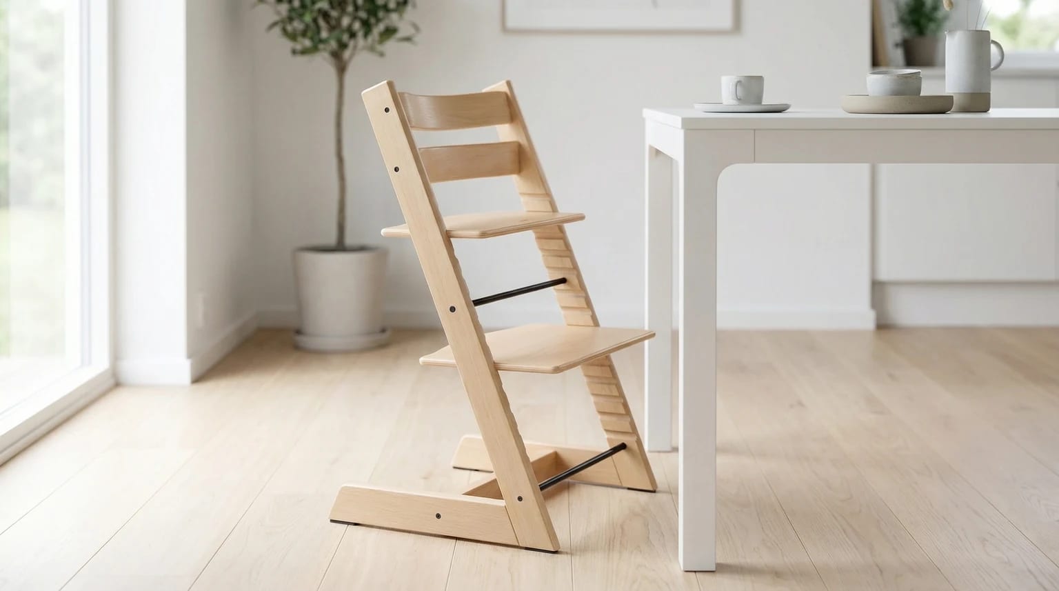 Cadeira de refeição Stokke Tripp Trapp em madeira natural, posicionada ao lado de uma mesa de jantar numa sala clara e moderna.