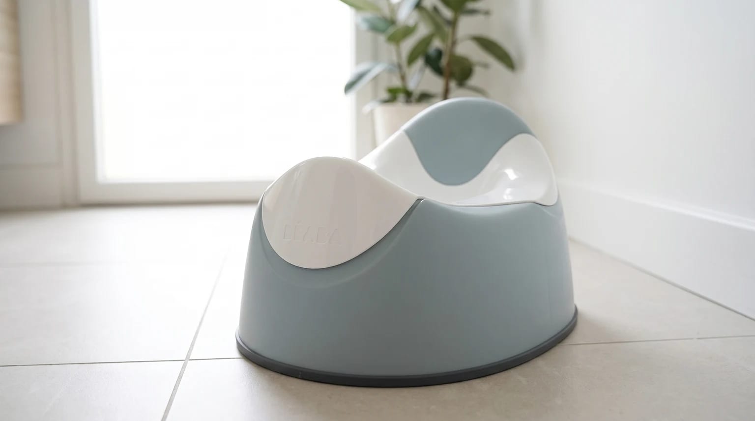 Bacio ergonómico BÉABA em cinza-azulado e branco, pousado no chão de uma casa de banho moderna e luminosa.
