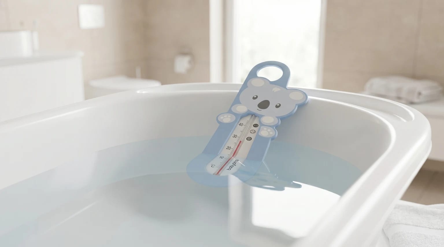 Termómetro de banho azul da Babyono em forma de coala pousado na água de uma banheira branca e moderna.