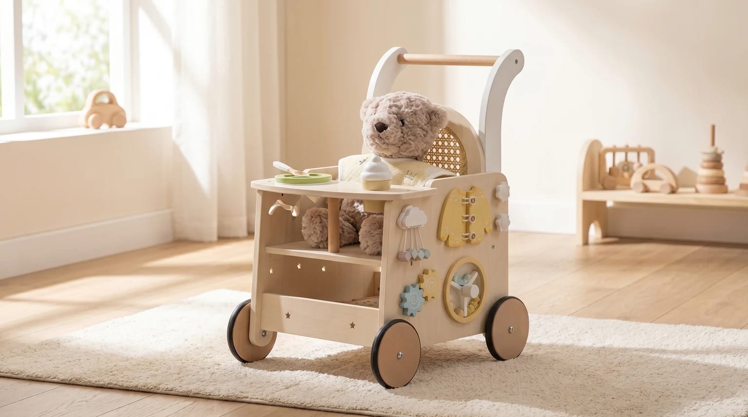 Carro de primeiros passos em madeira, com atividades e um peluche no interior, num quarto de criança claro e moderno.
