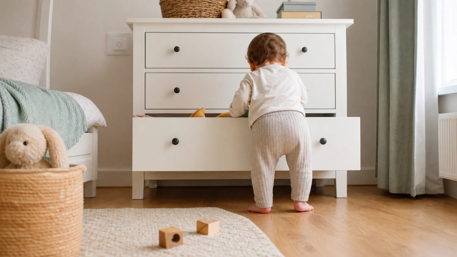 Criança pequena junto a uma cómoda com uma gaveta aberta