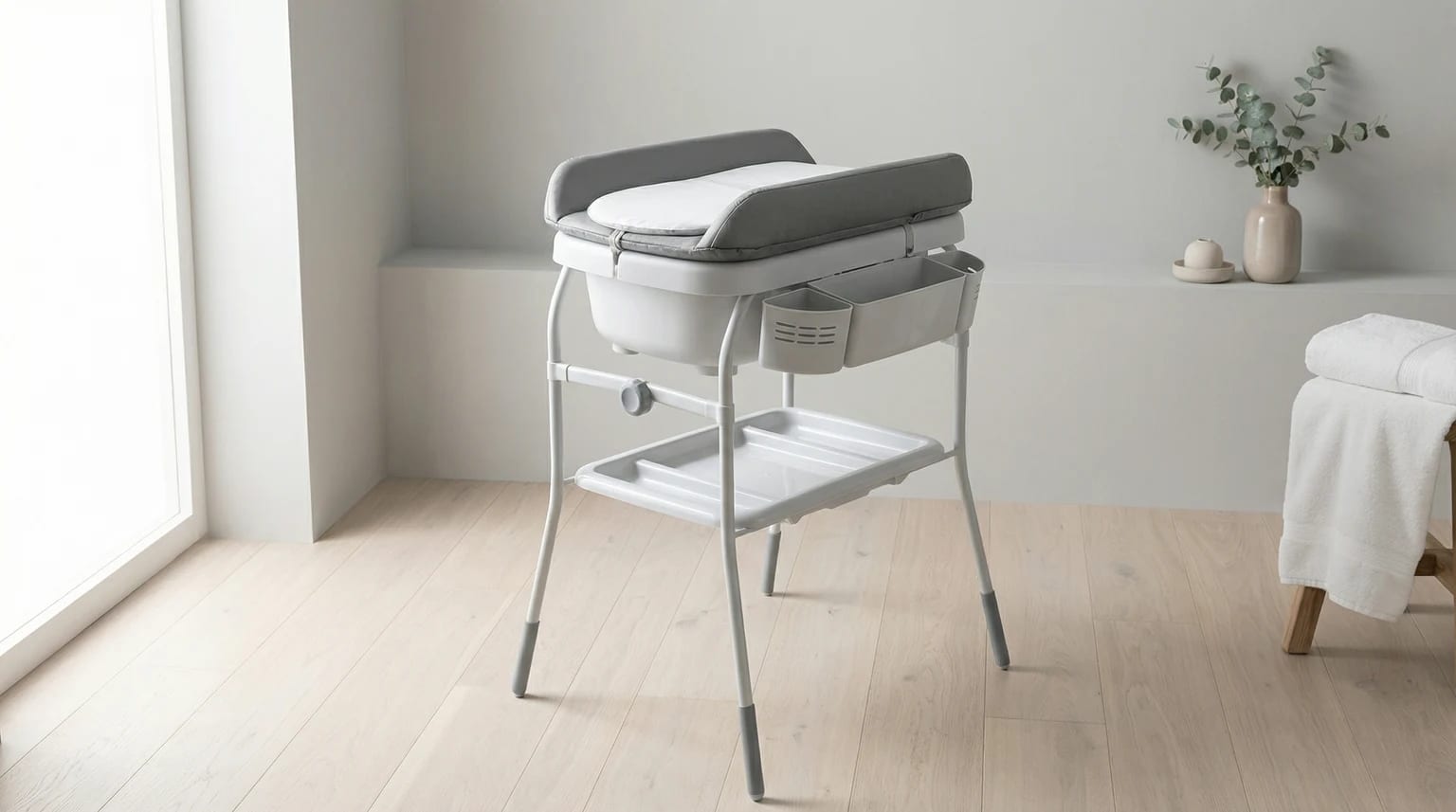 Banheira e muda-fraldas Chicco Cuddle & Bubble cinzento e branco, num ambiente de casa de banho moderna e luminosa.