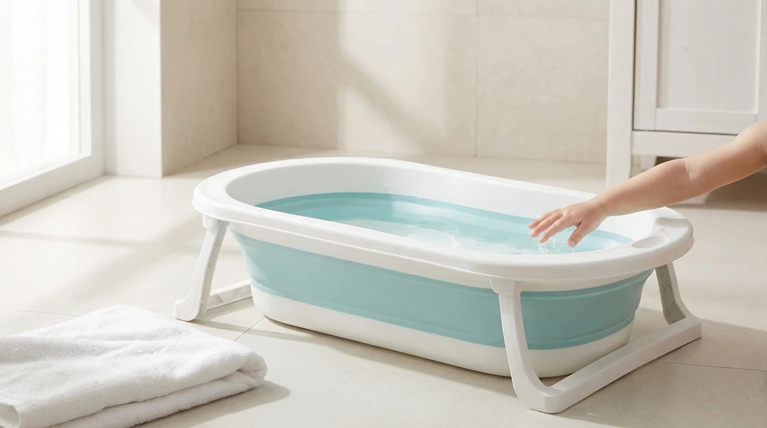 Banheira de bebé dobrável, branca e azul-turquesa, pousada no chão de uma casa de banho moderna e luminosa, com a mão de uma criança a tocar na água.