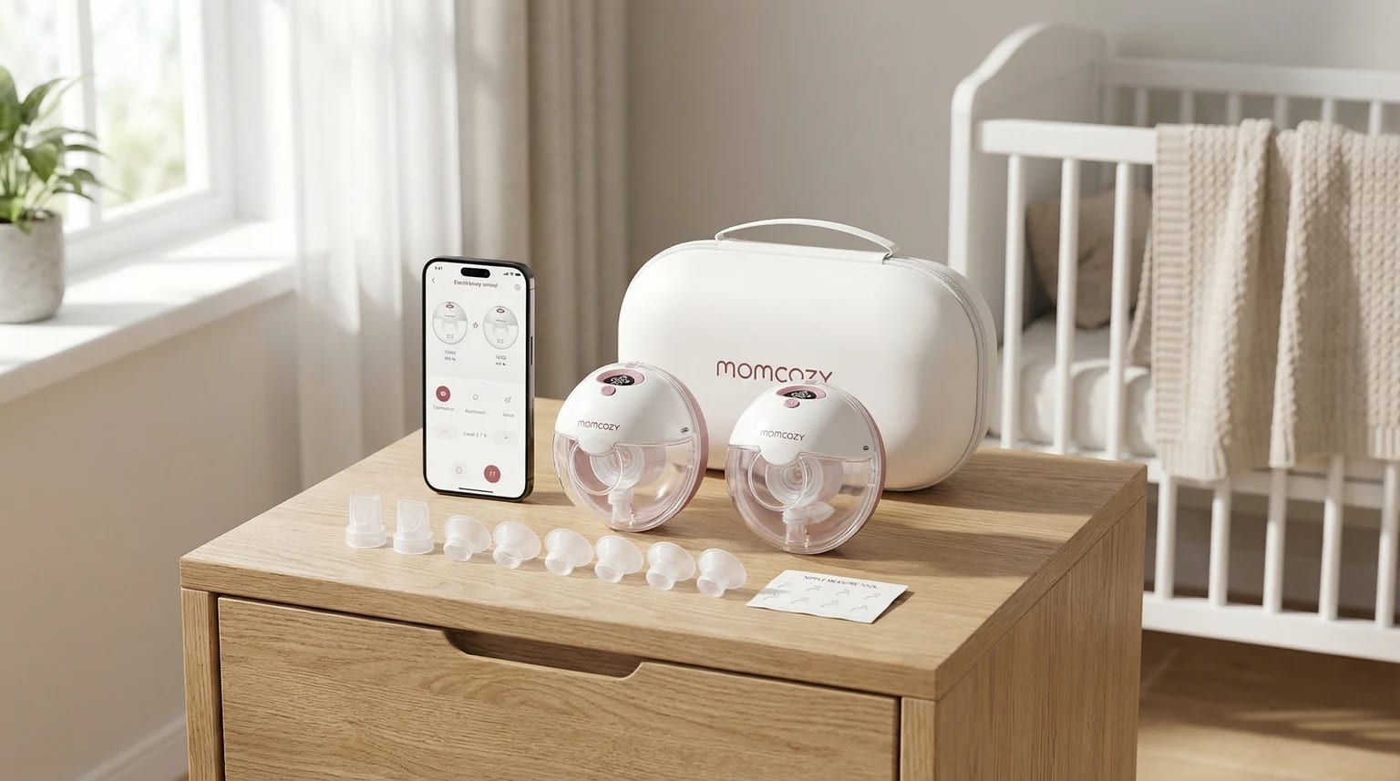 Kit da bomba tira-leite vestível Momcozy M5 Smart, com duas bombas, estojo branco e smartphone com a app, sobre uma mesa de madeira clara num quarto de bebé luminoso.