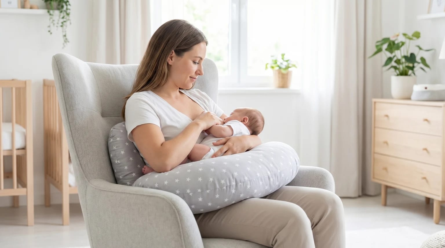 Uma mãe a amamentar o seu bebé, usando uma almofada de amamentação cinzenta com estrelas brancas para apoio, sentada confortavelmente num quarto de bebé luminoso e sereno.