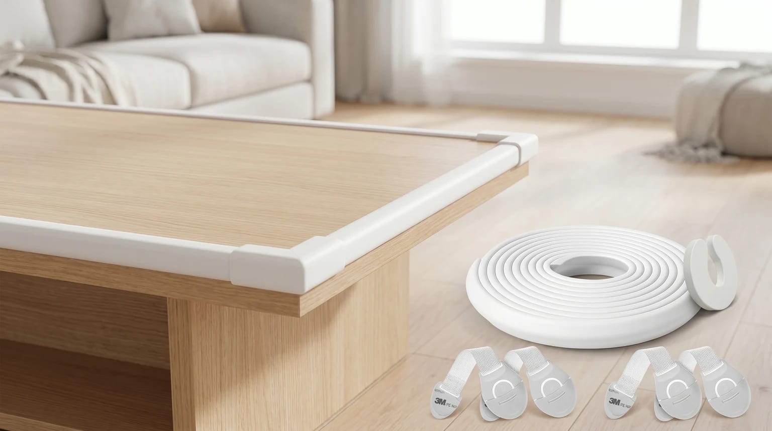 Kit de proteção infantil com espuma branca aplicada na borda e com uma peça de canto pequena numa mesa de madeira clara, com acessórios pousados ao lado.