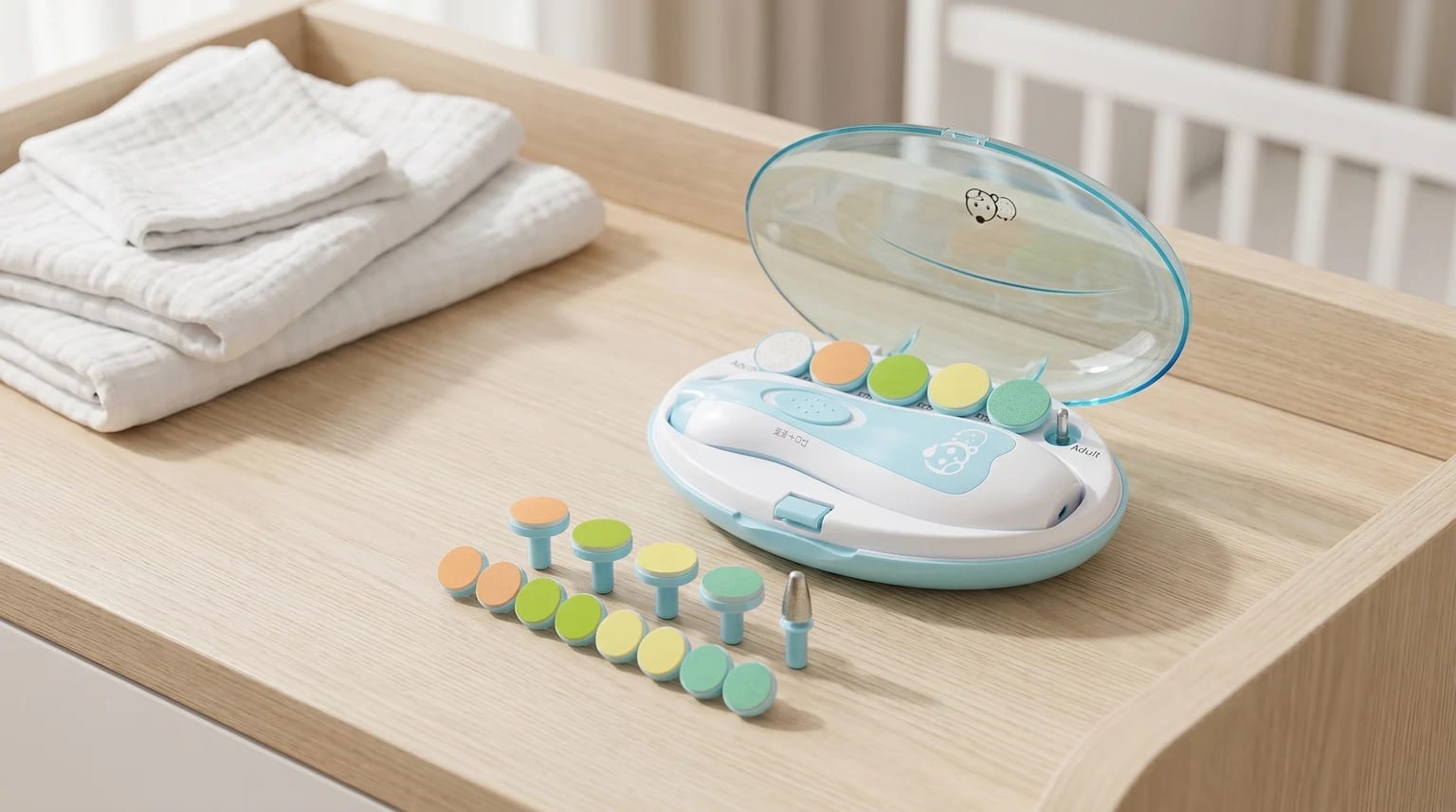 Lima elétrica para unhas de bebé Royal Angels com estojo e acessórios, pousada numa mesa de muda em madeira clara num quarto de bebé luminoso.